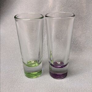 Libbey Clear Shot Glasses with Green and Purple Bases
